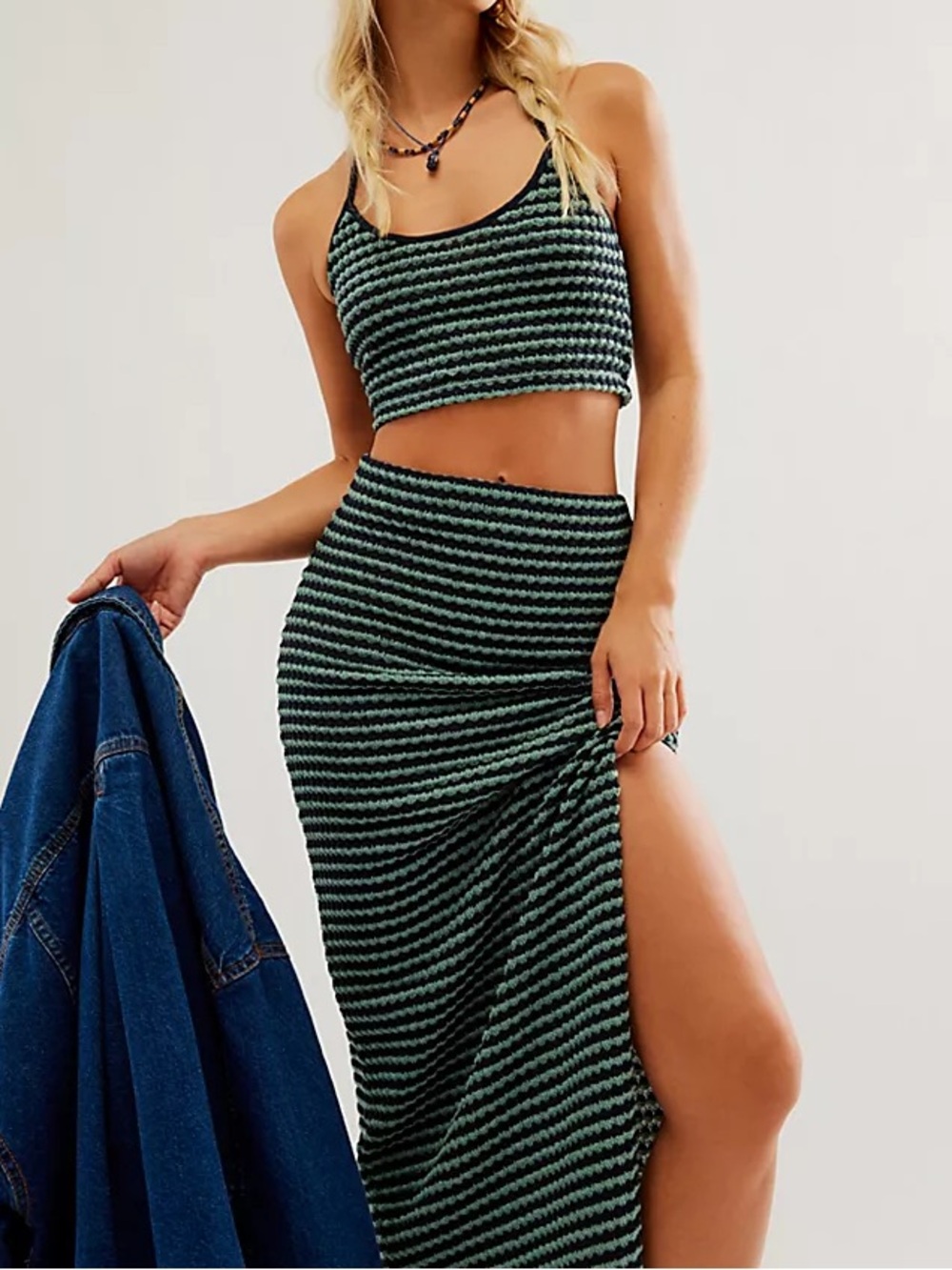 Free People Black & Green Striped Knit Crop Tank and Maxi Skirt Set